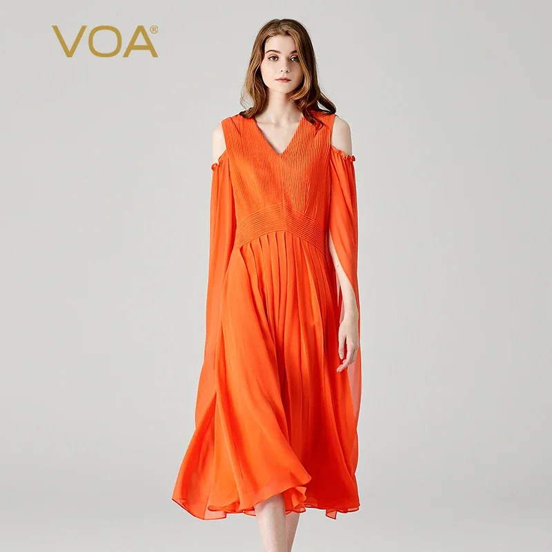 

(Fans Exclusive Discount) VOA Pure Silk Georgette Orange V-neck Long Sleeve Organ Pleated Double Layer Silk Party Dress AE1951