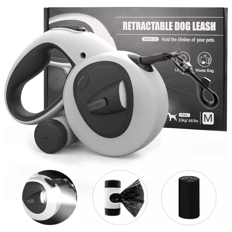 Automatic Retractable Pet Leash,5m Long Dog Walking Traction Lead With Waste Bag Dispenser Puppy Durable Led Light Rope Supplies