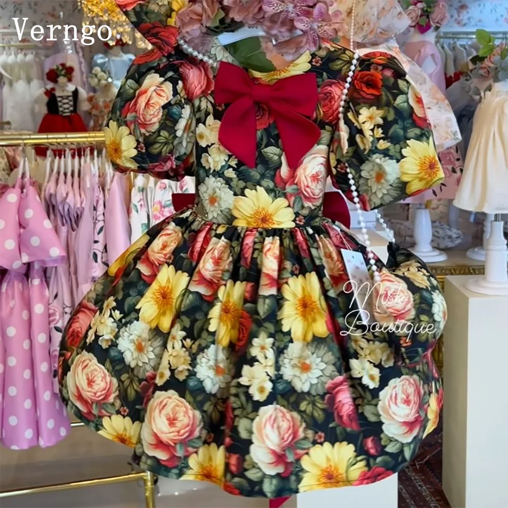 Verngo Printed Flowers Girl Birthday Party Dress Bow Puff Short Sleeves Ball Gowns No BagPrincess Girl Flower Dresses Customized