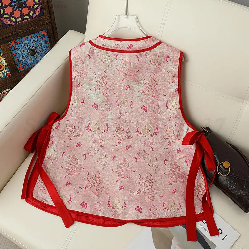 Spring New Chinese Style Round Neck Vest Jacquard Sleeveless Waistcoat Contrasting Round Neck Buckle Red Ribbon Loose Hanfu Top