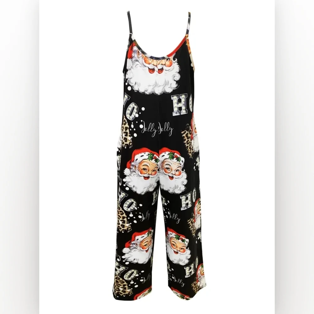 Christmas themed print sexy V-neck halter print romper with pocket slacks for ladies