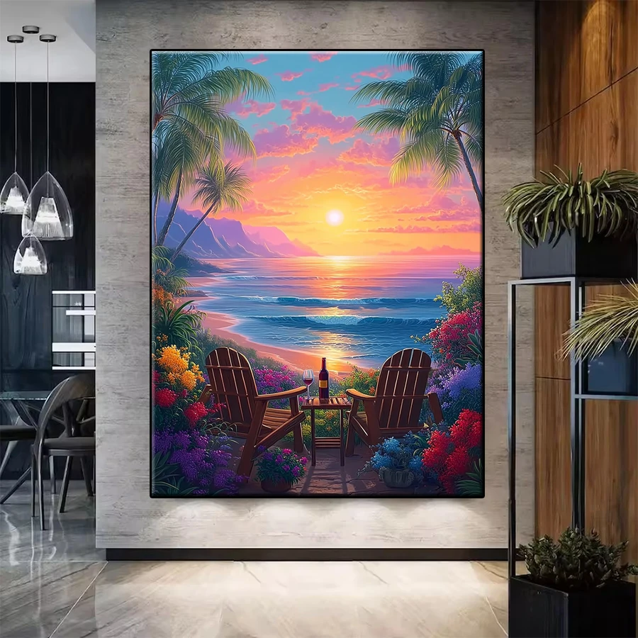 

Новый набор для алмазной вышивки: пейзаж с цветами и деревьями на фоне заката над пляжем, 5D алмазная мозаика, подарок, декор для дома, картина