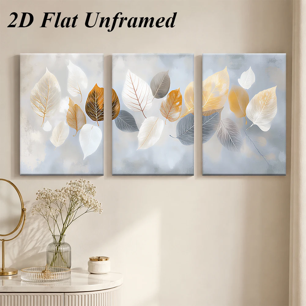 3PCS Large-sized frameless canvas paintings,1 set of modern minimalist leaf triple frameless decorative paintings, living room s