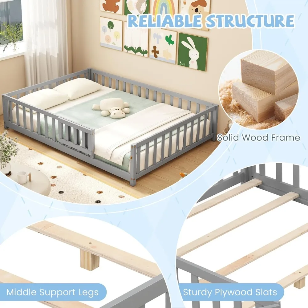 Full Size Floor Bed for Kids, Montessori Floor Bed with Wood Slats & Safety Guardrails, Solid Wood Full Floor Beds