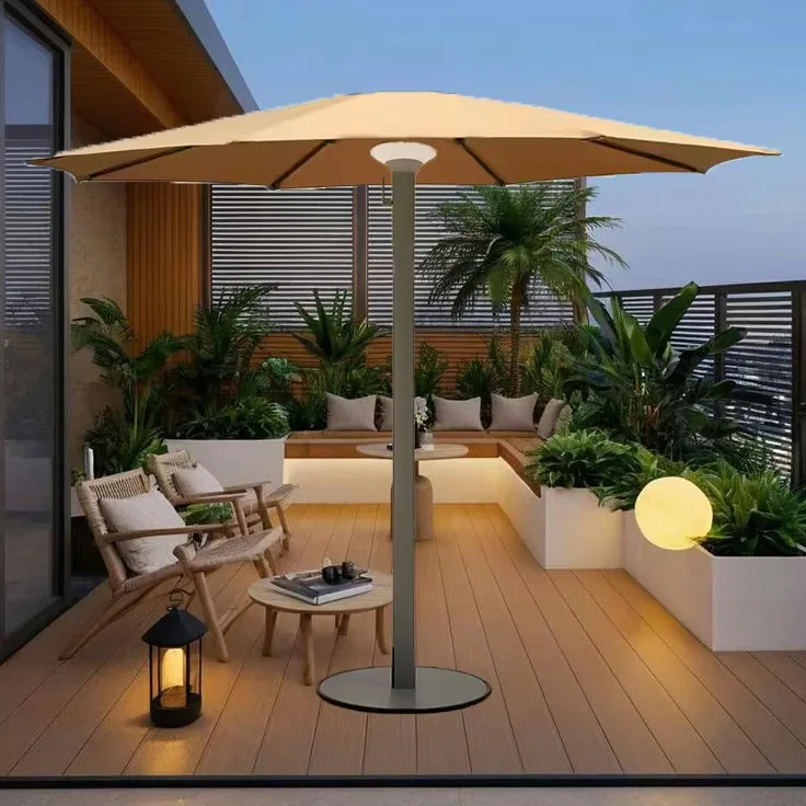 Outdoor Furniture 2025 New, Durable Aluminum Patio Umbrella with Integrated Floor Lamp, Weather-Resistant Garden Decor