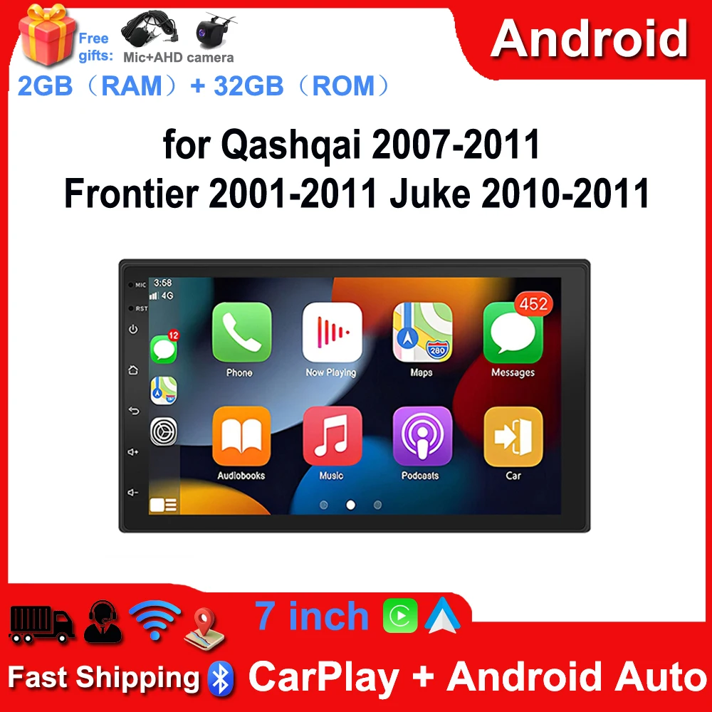 7-Inch Car Player WiFi Bluetooth GPS Navigation Android 13 with Carplay/Android Auto Stereo Radio Compatible for Qashqai 2007-2011 Frontier 2001-2011 Juke 2010-2011