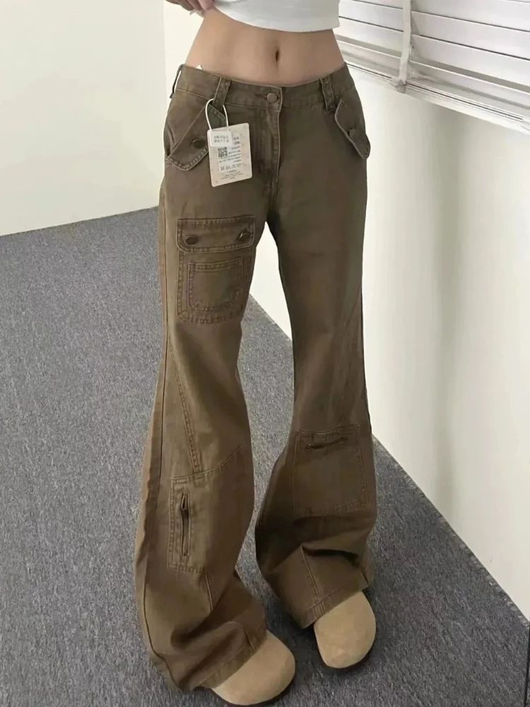 Jeans cargo retrò Jeans lavati kaki con fondo a campana Donna Estate American Streetwear Pantaloni elasticizzati slim larghi Jeans denim versatili