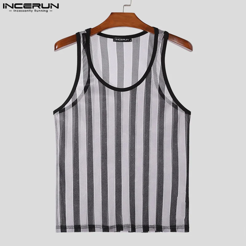 INCERUN Men Tank Tops Transparent Striped O-neck Sleeveless Vests Summer Streetwear 2024 Fitness Fashion Casual Men Clothing