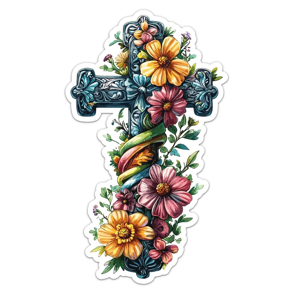 Floral Cross Inspirational Christian Jesus Vinyl Sticker Decal for Car Bumper and Travel Case Art Pattern Decoration