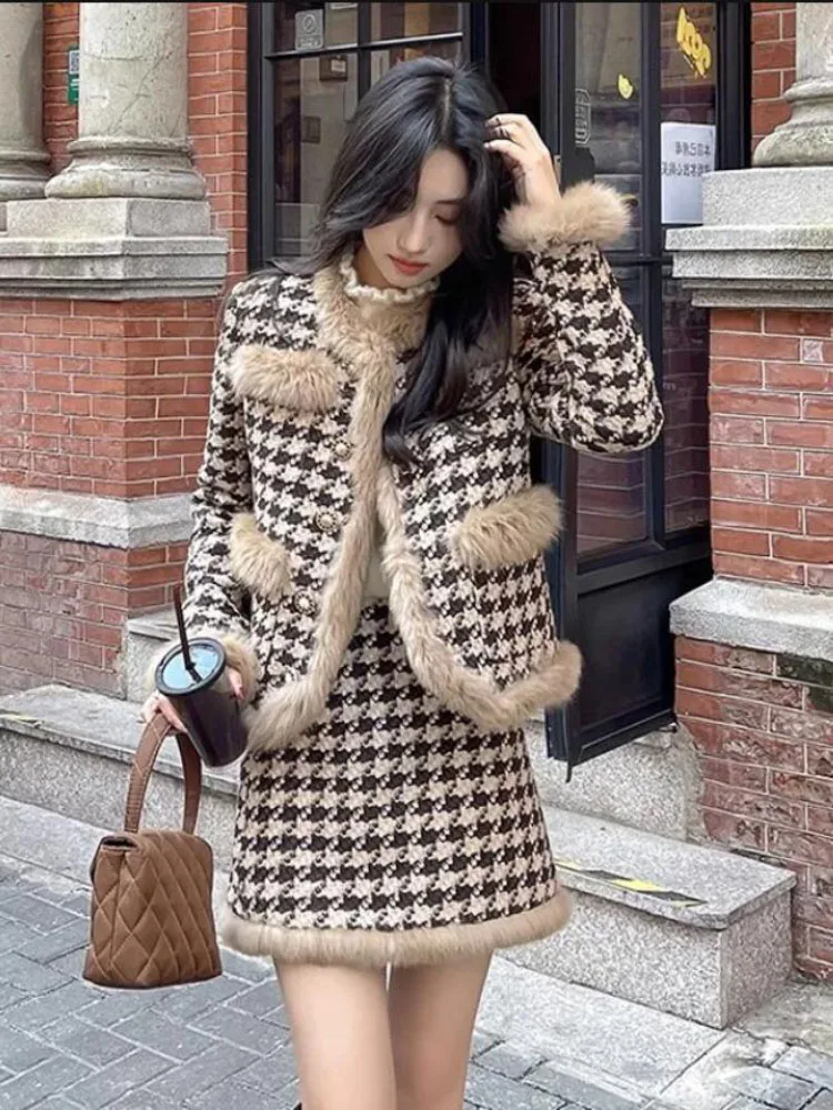 Autumn Winter New Chic Houndstooth Wool Coat + Short Skirt Women Set Skirt Fashion LooseOversize 4XL Plaid Skirt Two-piece Skirt