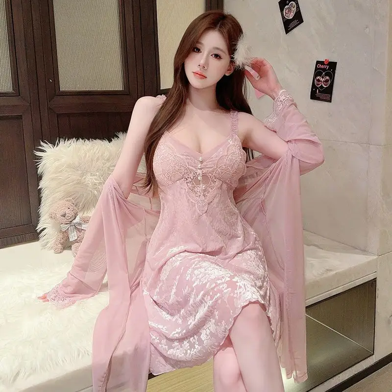 2025 Summer 2PCS Sexy Lace Lingerie Silk Satin Nightgowns Robes Sets For Women Korean Bathrobes Sleepwear Nightdress Night Dress