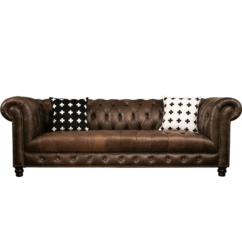 

tr-For American Leather Chesterfield Sofa Set Retro Villa Three-Person Cowhide Art Button Design Sponge for Living Room Hotel&
