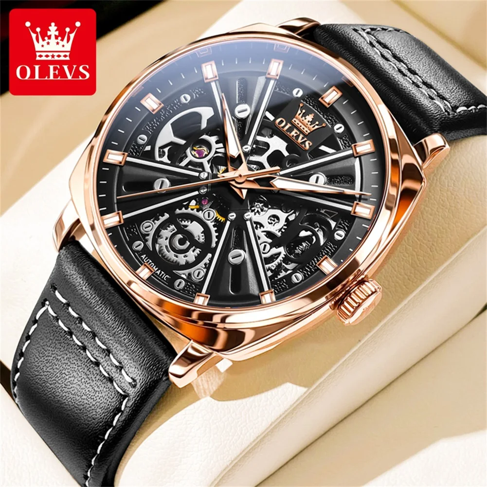 

OLEVS Luxury Brand Men's Watches Tonneau Hollow Out Waterproof Automatic Mechanical Watch For Male Trend Fashion Leather Strap