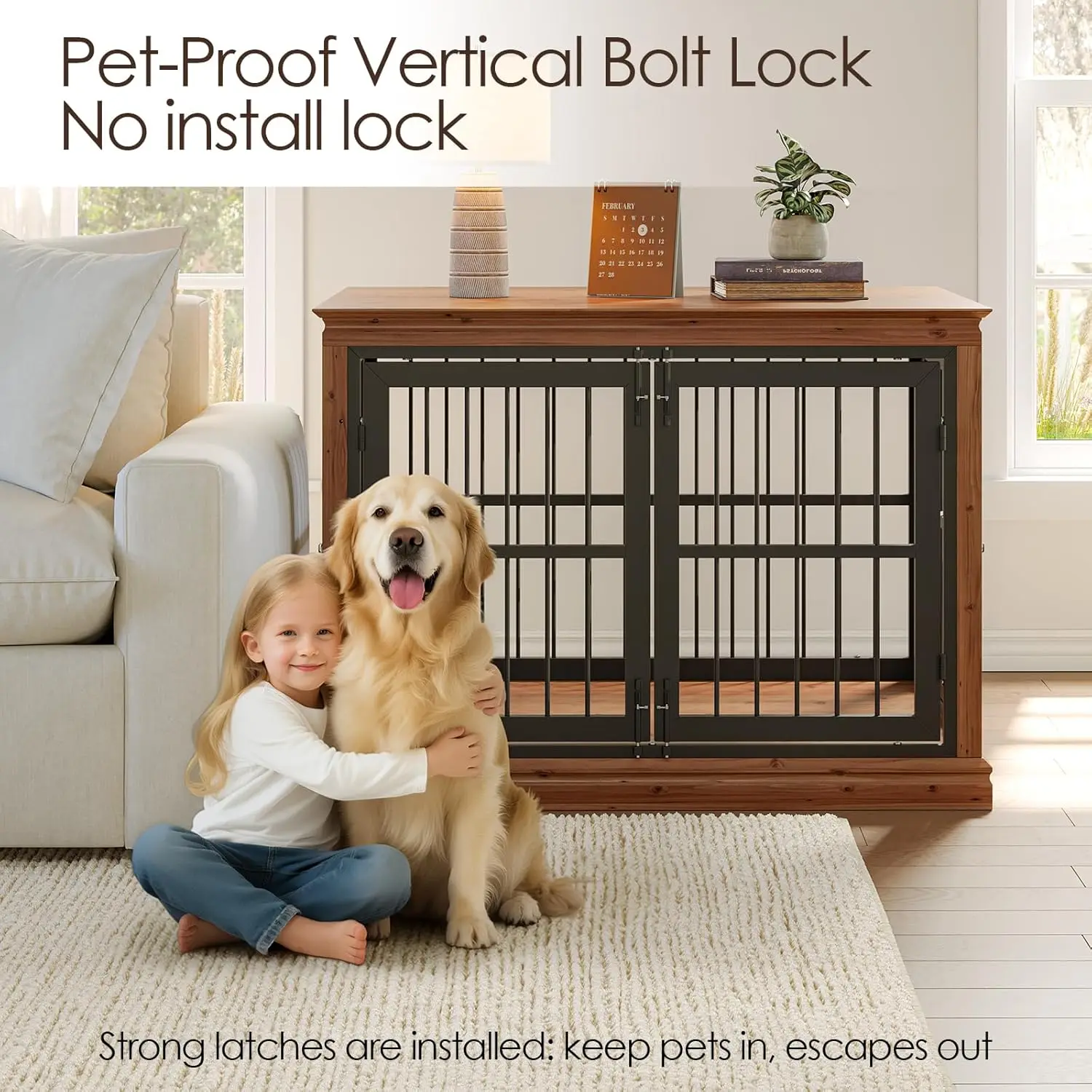 42 بوصة أثاث من الخشب الصلب للكلاب - بيت الكلب داخلي للطاولة النهاية، تصميم المزالج الصامتة المقاومة للمضغ