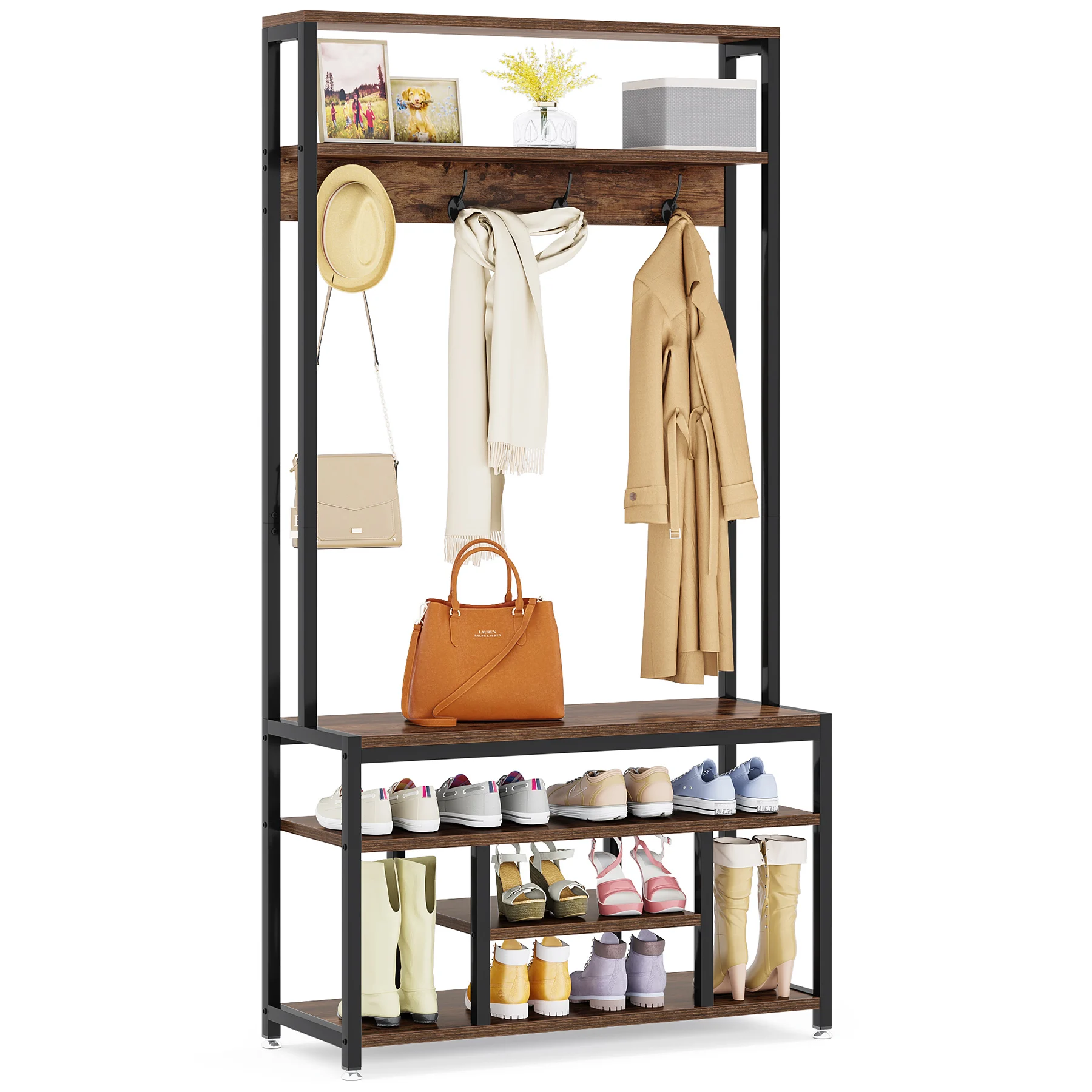 Brown Rustic Style 4 In 1 Hall Tree With Shoe Rack Entryway Bench 4 Hanger Hooks And Storage Shelf Coat Rack
