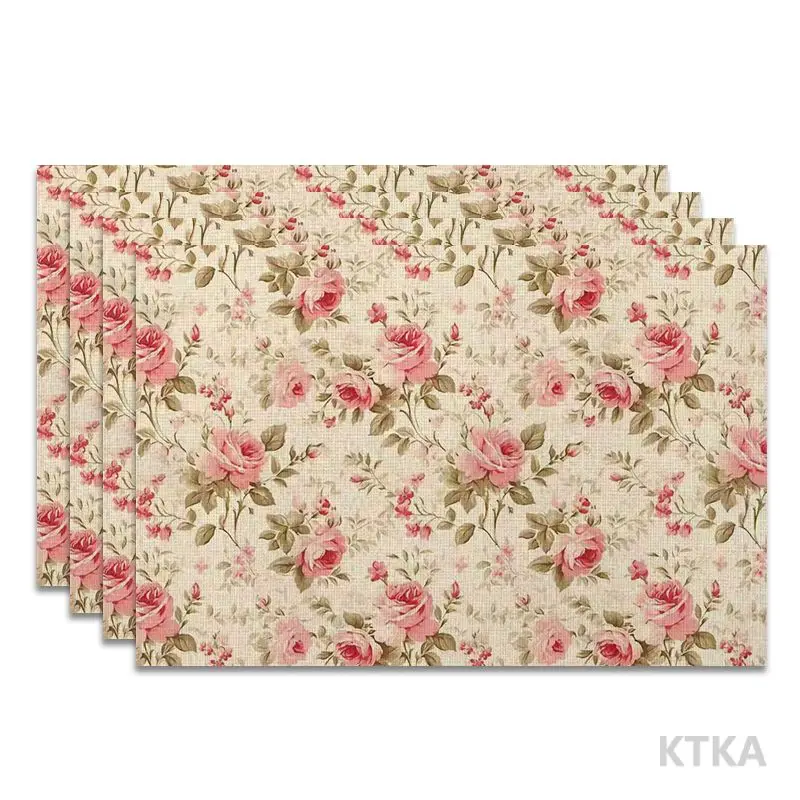 4Pcs, French Retro Rose Floral Placemats, the Best Placemats, Washable, Suitable for Holiday Parties, Home Decor, Kitchen Tables, Rectangular Dining Rooms, Making Your Dining Room and Kitchen More Beautiful, Birthday Gifts and Housewarming Party Gifts for Family and Friends