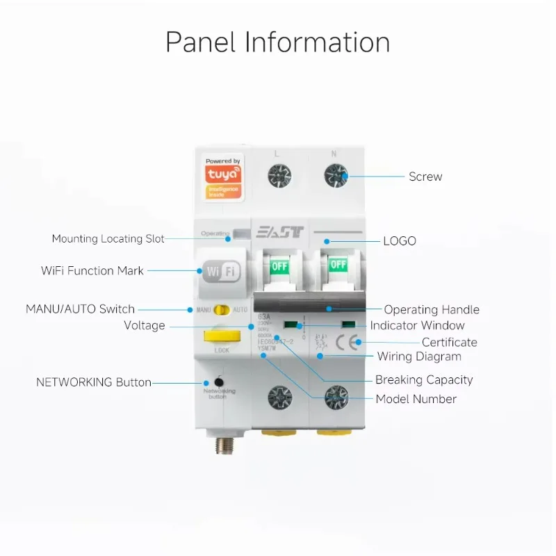 Miniature Smart Circuit Breaker MCB Copper 2P 220V/230V 6kA WiFi Smart Home Wireless Remote Control