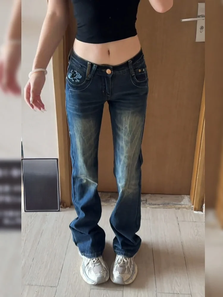 Retro American Street Style Women's Jeans  Embroidery Slimming Design Low Waist Denim Pants Vintage Look Fashionable