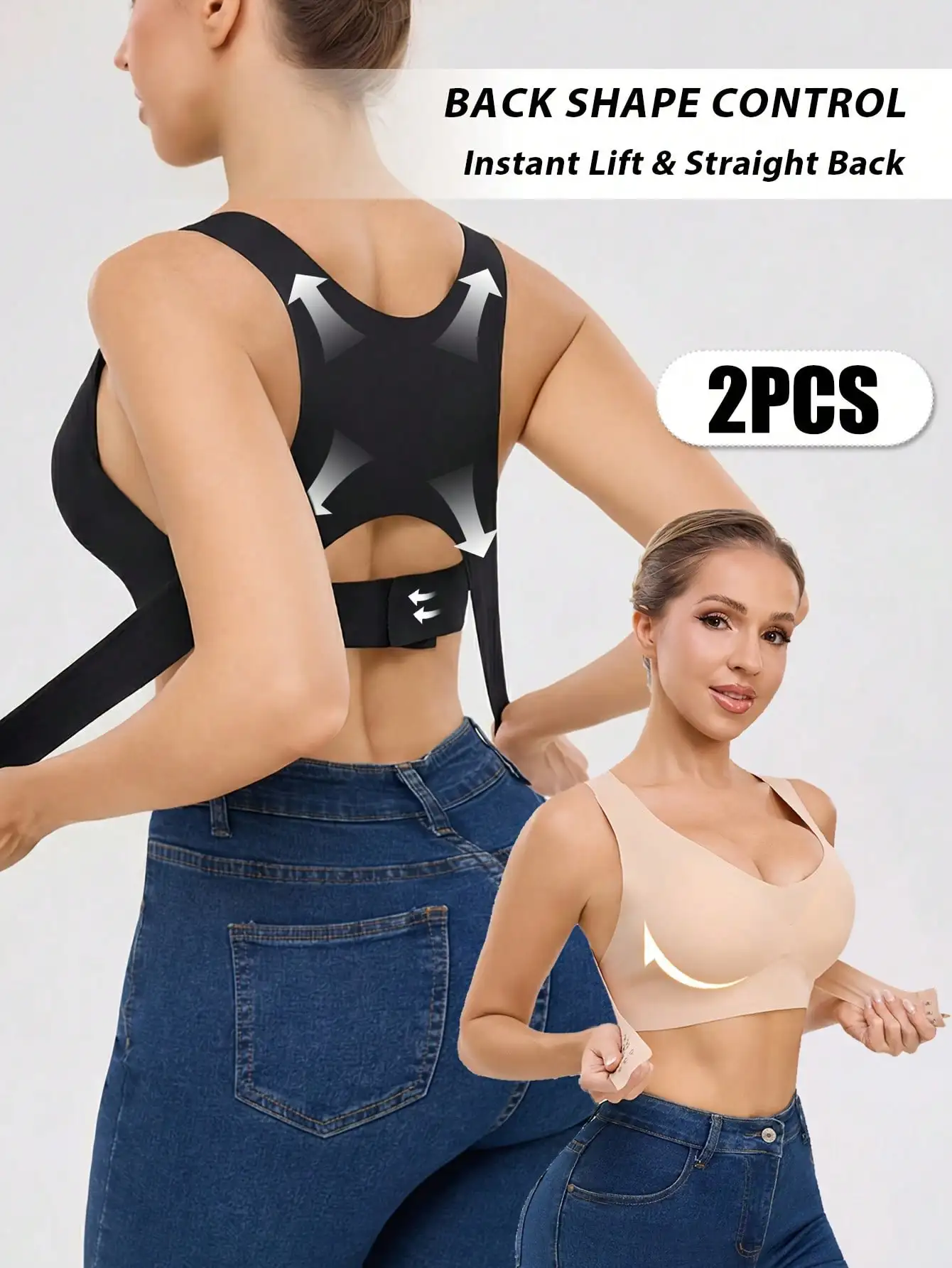 2Pcs Push-Up Front Clasp Seamless Women's Bras Underwire Back Shaping Anti-Sagging Support Detachable Pads Daily Correction
