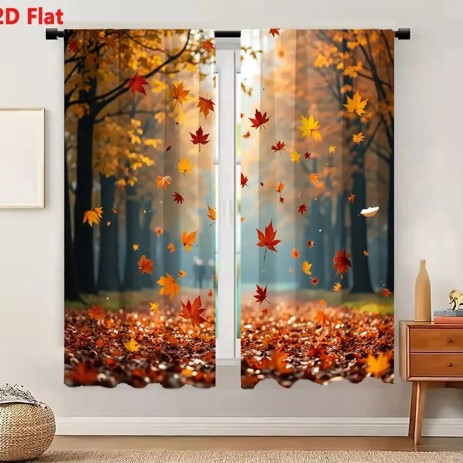 2Pcs Curtains 2D Flat Autumn Park Scene With Floating Maple Leaves And Walking Silhouettes Window Drapes for Bedroom Room Decor