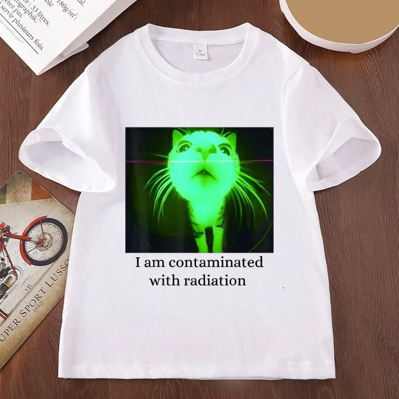 Men's Comfy Soft Cotton Basic T Shirt Short-Sleeve Round Neck T-Shirts Breathable Funny I Am Contaminated with Radiation Cat