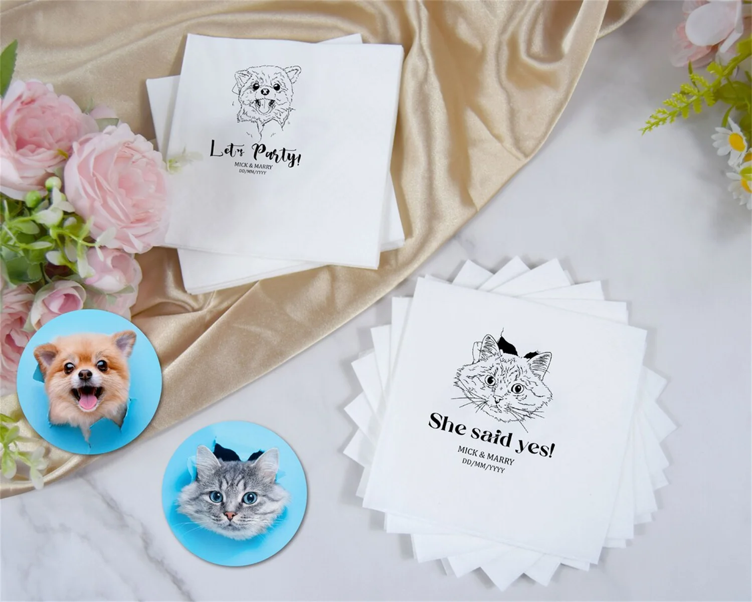 50PCS 50PCS Custom Illustrated Dog Wedding Napkins | Custom Pet Wedding Napkins | Custom Paper Personalized Engagement Napkins