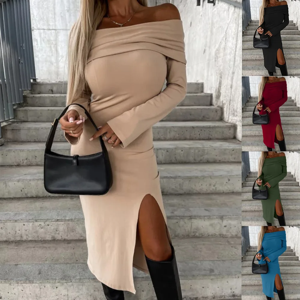 

2023 New Autumn and Winter Long-Sleeved Solid Color One-Line Neck Slit Dress for Women