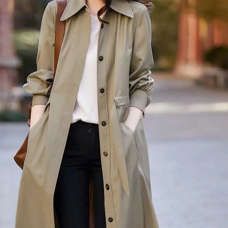 

2023 New Spring Thin Long Windbreaker Casual Loose Button Solid Coat Fashion Elegant Korean Belt Women Slim Trench Jacket