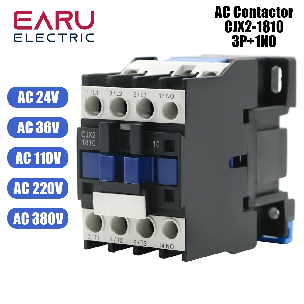 CJX2-1810 LC1 AC Contactor 18A 3 Phase 3-Pole NO Coil Voltage 380V 220V 110V 36V 24V 50/60Hz Din Rail Mounted 3P+1NO Normal Open