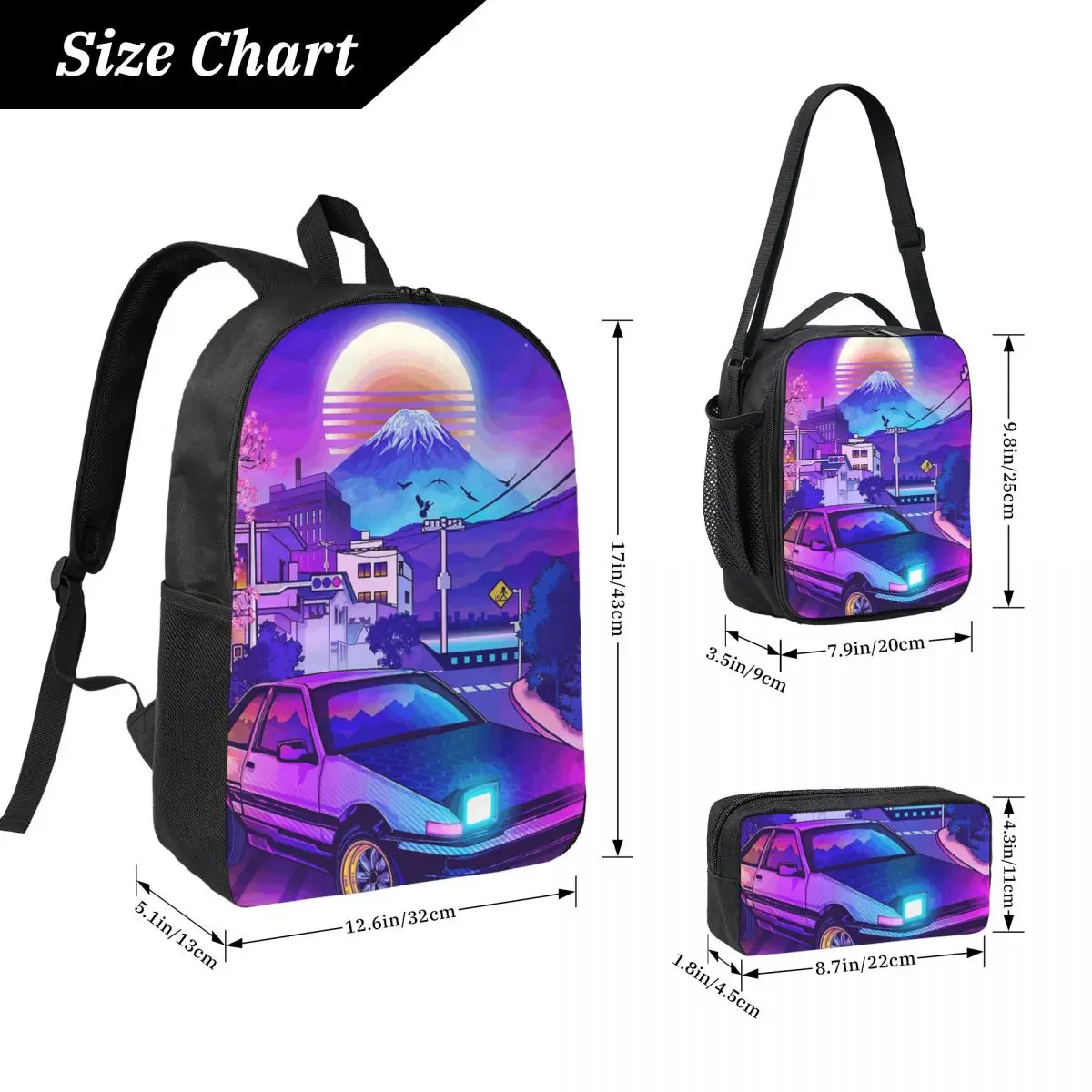Initial D Neon Ae86 Backpack Student Boys Girls BookBag School Bag Laptop Shoulder Bags 3ps Insulated Lunch Bag Pencil Case
