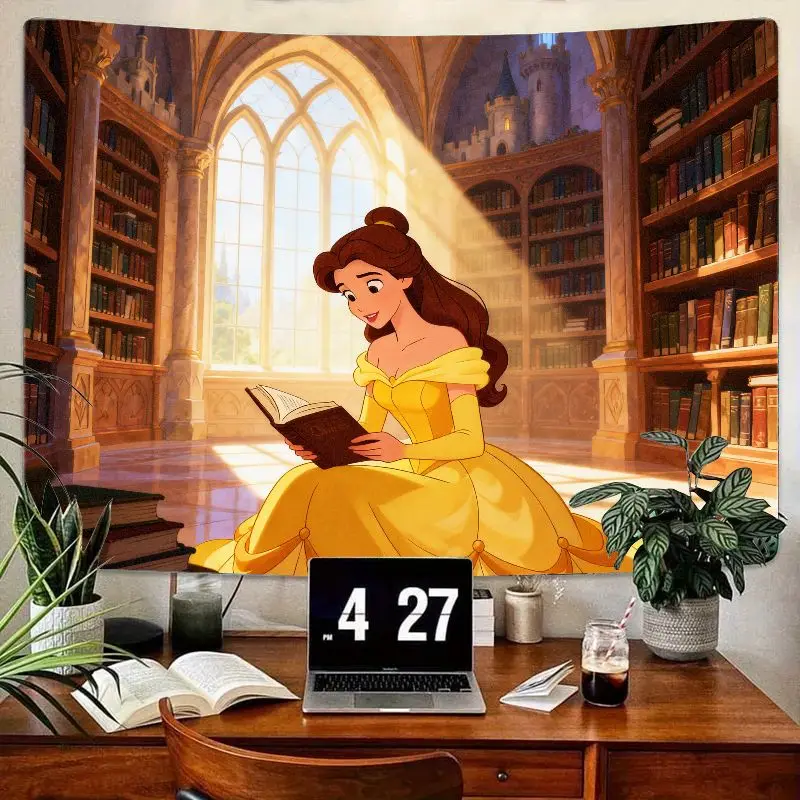 

1PC Disney Belle Princess Tapestry, Fairytale Library Reading Wall Art, Yellow Gown Polyester Decor for Girl Room, Book Lover Gi