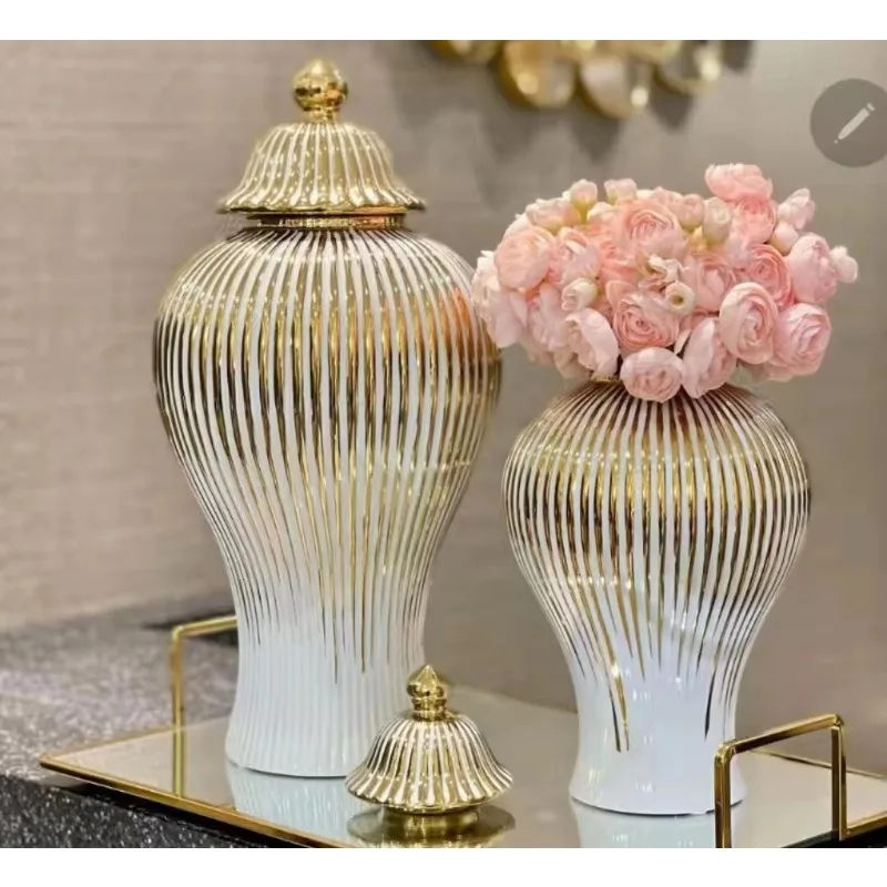 Luxury Platinum Ceramic Vase Large Ceramic Table Hotel Modern Lid Vase