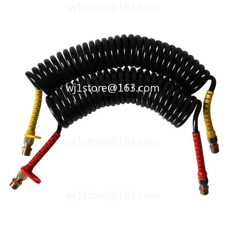 Spiral Spring Reinforced Air Brake Hose, Double Layer PU Coiled Line for Truck & Trailer - Black Red Yellow