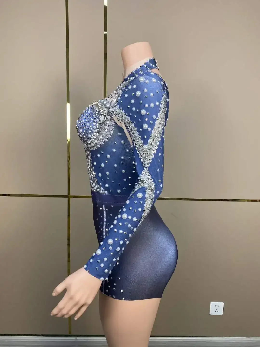 Kobiety lśniące z koralikami i kryształkami z długim rękawem jednoczęściowy kombinezon DJ DS odzież do klubu nocnego kostium na konkurs