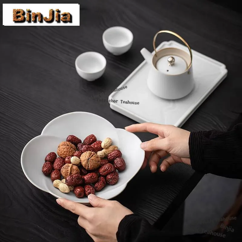 Ancient White Handmade Fruit Plate Household Flower Petal Fruit Dishes Japanese Pastry Plate Salad Bowl Sharing Plate Crafts