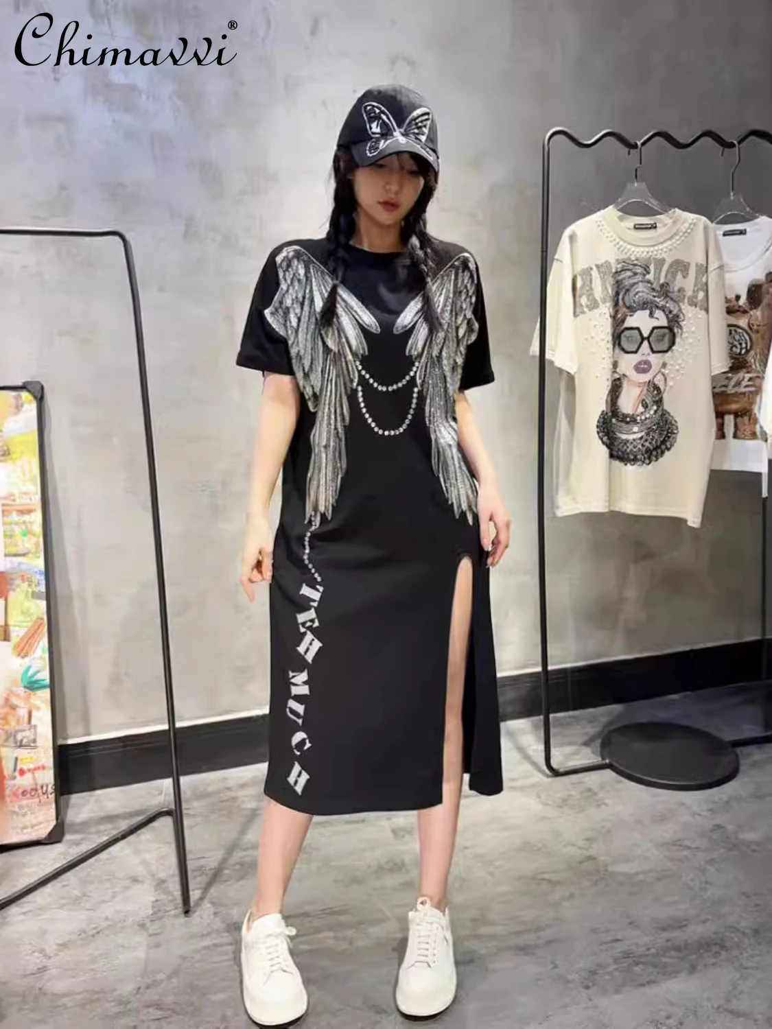 

2024 Summer Light Luxury Wings Rhinestone Slit Black Midi Dress High-End Heavy Industry Round Neck Sexy Slim Elegant Women Dress