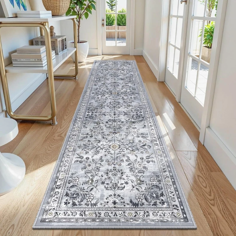VIKAMA Vintage Distressed Floral Runner Rug Non Slip Washable Carpet for Bedroom Entryway Kitchen Farmhouse Indoor Floor Decor