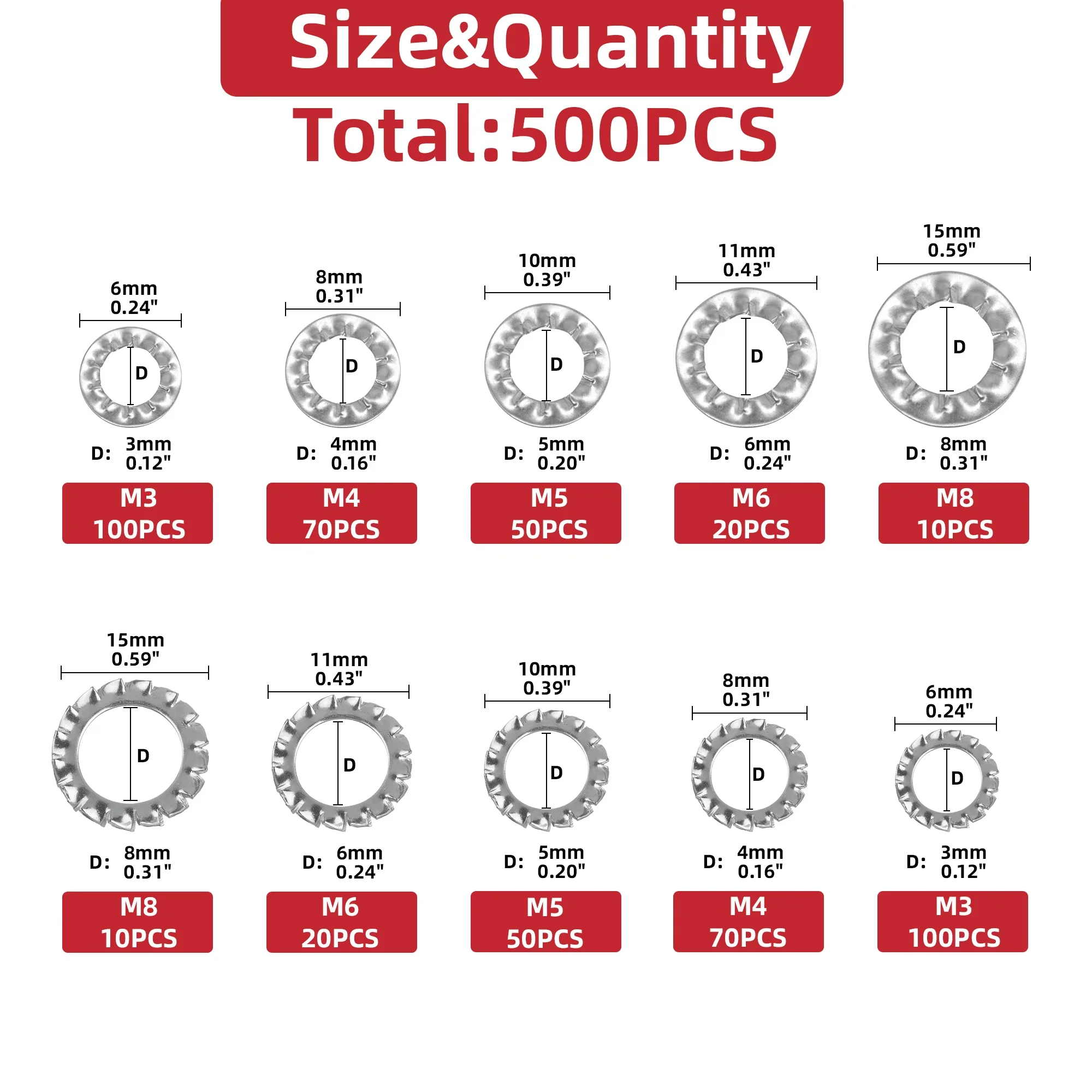 500pcs/Box Mix M3 M4 M5 M6 M8 External Internal Toothed Serrated Lock Washer Gasket Assortment Kit Set 304 A2-70 Stainless Steel