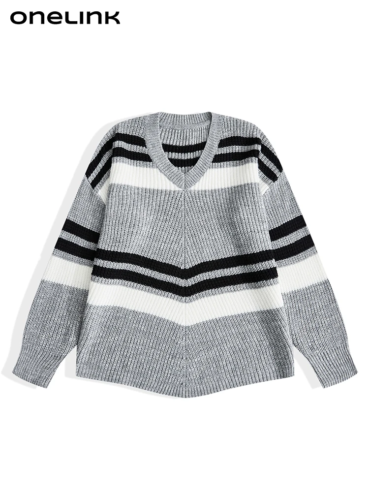 ONELINK Grey White Black Strips V-Neck Plus Size Women 2022 Autumn Winter Woolen Pullover Sweater Oversize Loose Clothing