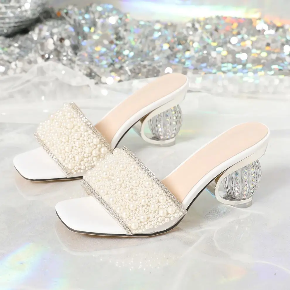 

Pearl Shiny Sandals Slippers Women Transparent Thick Bottom Party Dress Mules High Heels Summer Heeled Beach Size 36-42