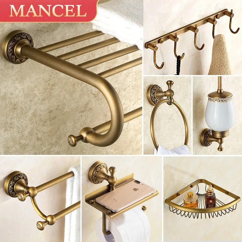 All-copper towel rack No punching toilet rack Antique towel rack European retro bathroom pendant set