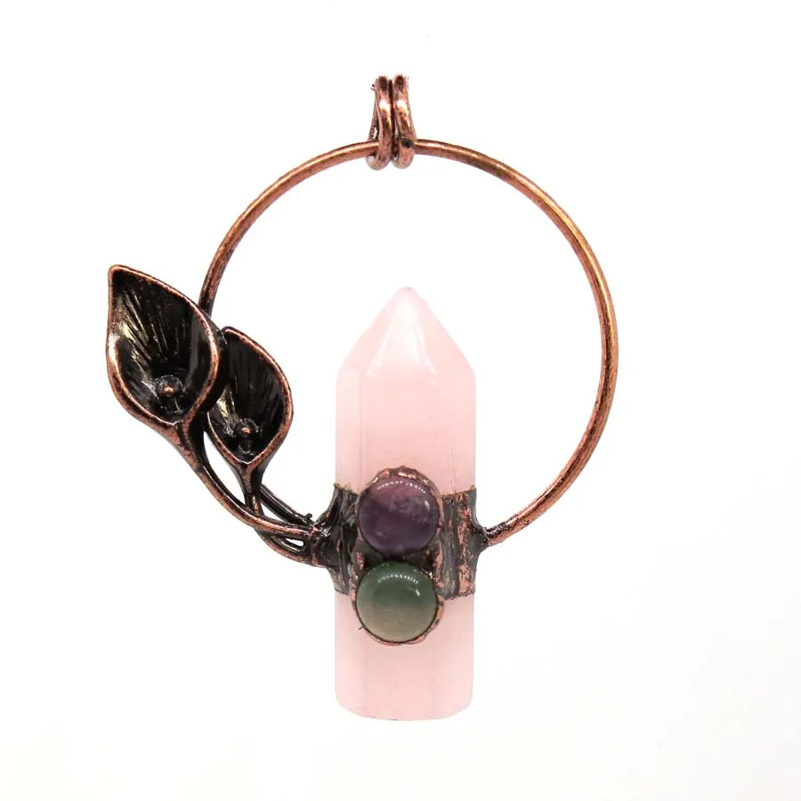 

Natural Crystal Hexagonal Stone Pendants For Women Rose Quartz Labradorite Tiger Eye Stone Antique Copper Leaf Pendant Jewelry