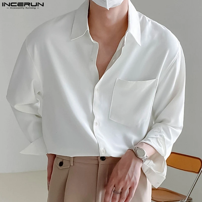 Men Casual Shirt Solid Color Lapel Long Sleeve Streetwear Pockets 2024 Fashion Camisas Loose Leisure Men Clothing S-5XL INCERUN