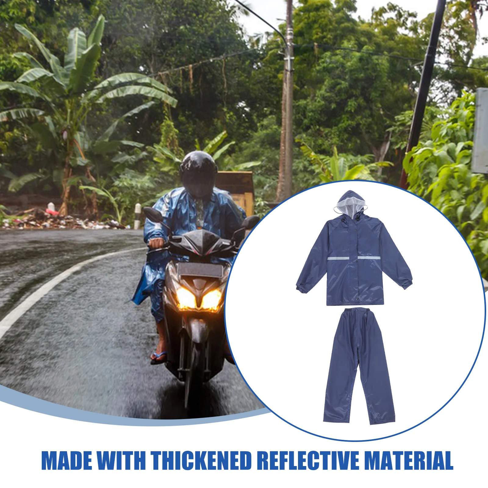 

Motorcycle Raincoat Suit Unisex Waterproof Reflective Thickened Design Gear Set Hooded Poncho Outdoor Camping Navy Rain Jacket