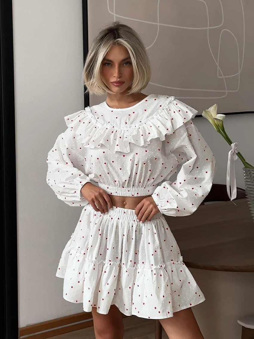 

Marthaqiqi Printing Ladies Sleepwear Set O-Neck Pajama Long Sleeve Nightie Crop Top Nightgown Skirts Casual Femme Nightwear Suit