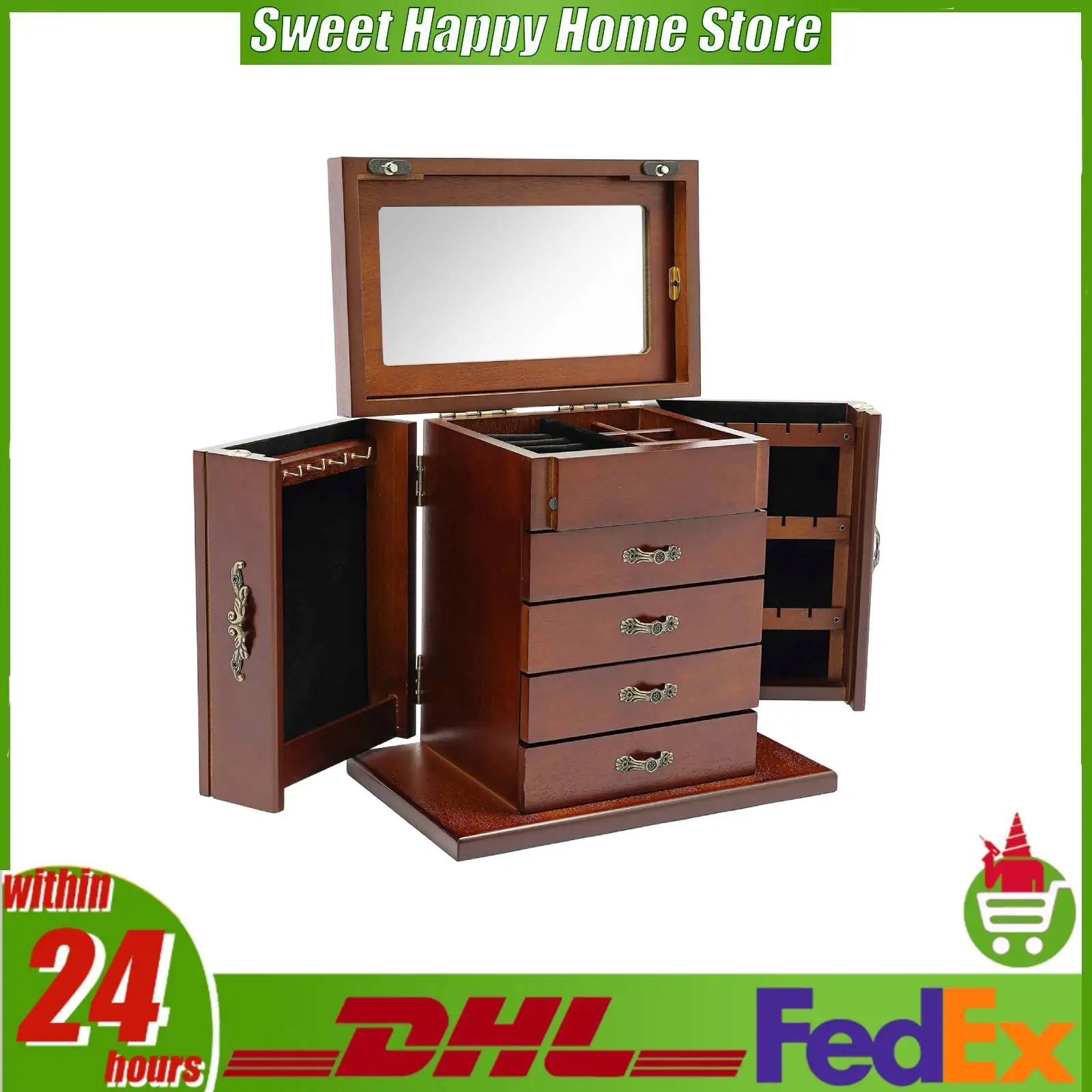 

Wooden Jewelry Box 4 Drawer Vintage Desktop Organizer with Mirror Multiple Compartments for Rings Earrings Necklaces