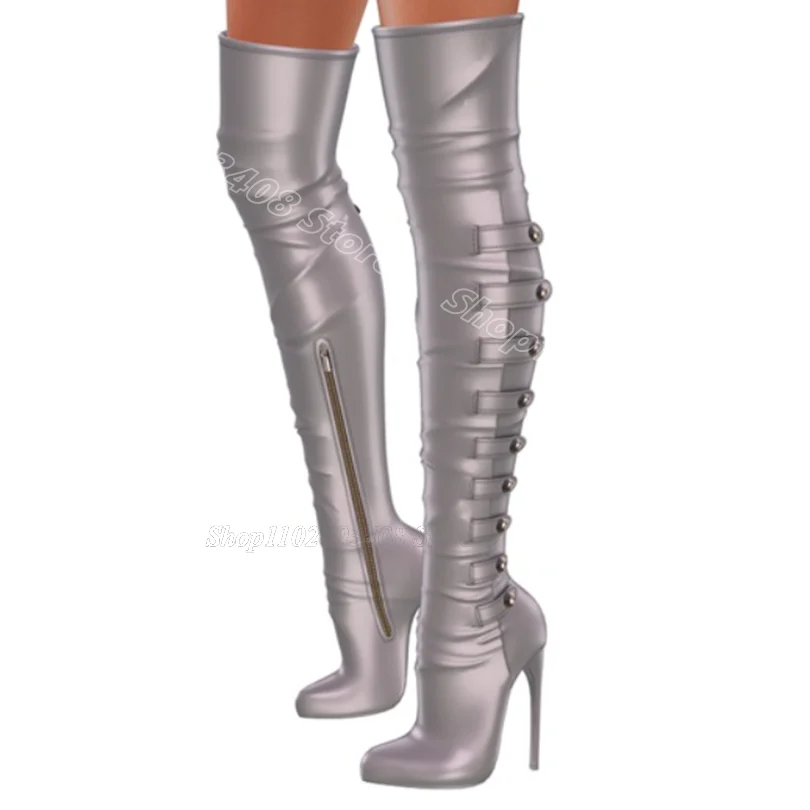 

Silver Buckle Decor Over Knee Boots Pointed Toe Solid Side Zipper British Style Sexy Fashion Women Boots Zapatos Para Mujere