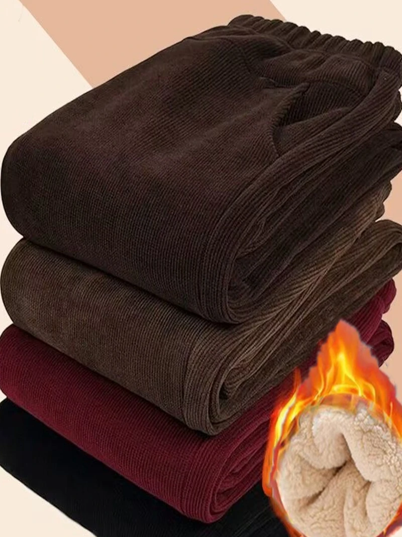 Mom's Fleece Lined Corduroy Casual Loose plus Size Autumn Spring Summer Winter Trousers High Waist Nine Points Harlan Pants