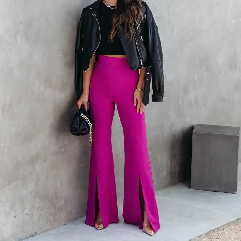 Summer 2024 Women's New Spliced Elasticized High-waisted Pocket Fashion Solid Color Slim Minimalist Versatile Casual Flare Pants