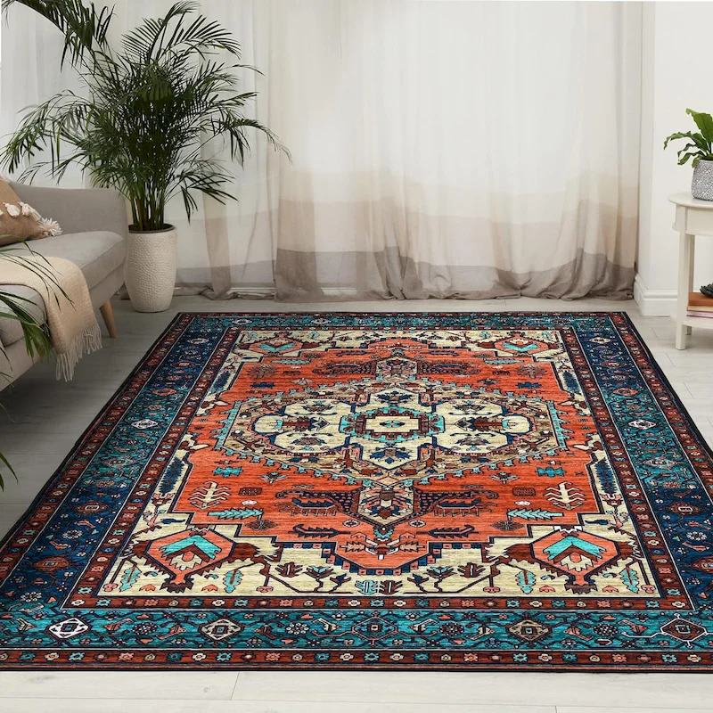 VIKAMA Retro Persian Badge Carpet, Anti Slip Oriental Geometric Traditional Large Carpet, Living Room Interior Home Decoration